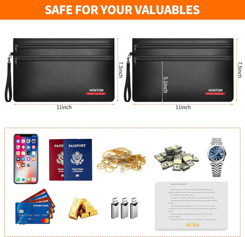 Hontom 6400 2 Pack 11x7.5 Inch 12 Fireproof Money Bags with Hidden Dual Zipper, Fireproof Cash Wallet with Layers Heat