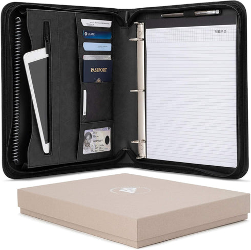Forevermore Portfolios Padfolio Binder - Professional Faux Leather Travel Organizer Pouch for Tablet, Documents, Black