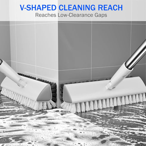 TidyTale 180 Grout Brush with Long Heavy Duty Handle, Swivel Floor Scrub Brush, V-Shaped Grout Line Scrubber with Stiff