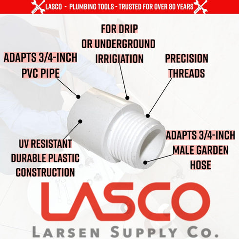 LASCO 15-1643 PVC Hose Adapter, 3/4-Inch Male Hose Thread & PVC Pipe Glue Connection, White