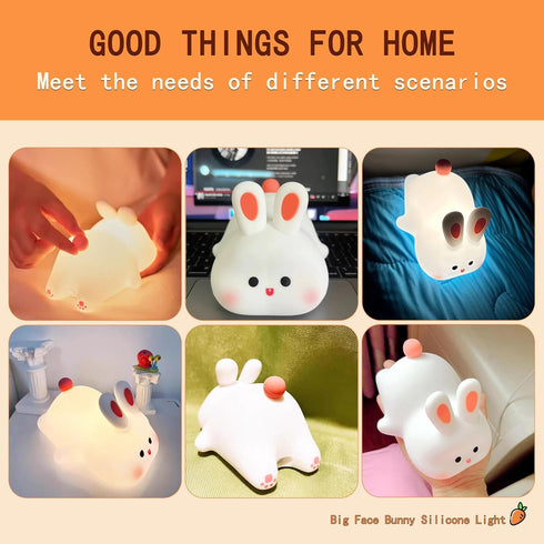 Dimmable 3 Squishy Bunny Night Light for Kids, Cute Big Face Rabbit Silicone Lamp with Timer Brightness, Easter Nursery