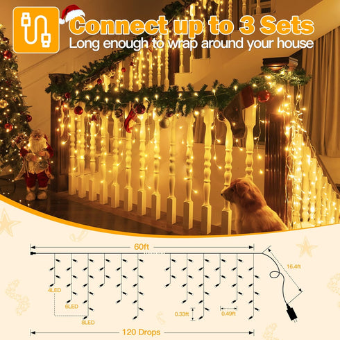720LED 60FT, 8 Dimmable, Ollny Icicle Lights for Outside Warm White Christmas Lights with Remote Modes Waterproof
