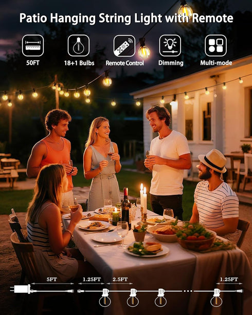 50FT 18+1 G40 Bulbs Outdoor Patio String Lights Waterproof with Remote, Edison LED Shatterproof Hanging Outside Light