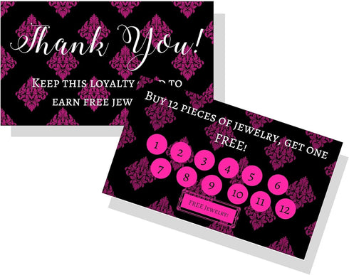 Jewelry Loyalty Cards | 50 Pack Thank You Notes Black Pink Fleur | 5 Bling Buy 12 Get One Free