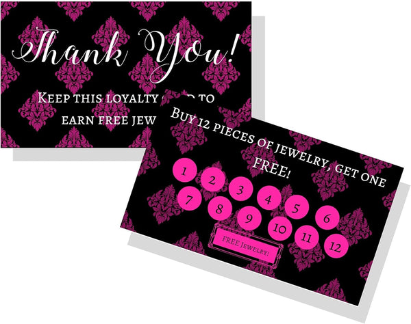 Jewelry Loyalty Cards | 50 Pack Thank You Notes Black Pink Fleur | 5 Bling Buy 12 Get One Free