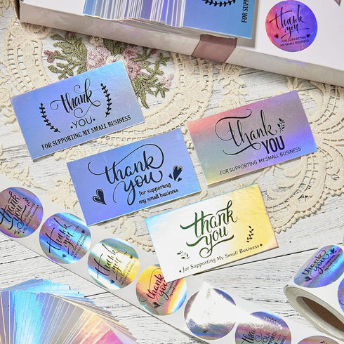 620Pcs Packaging Thank You Cards and Stickers for Supporting My Small Business, Holographic Thank You Labels for Your