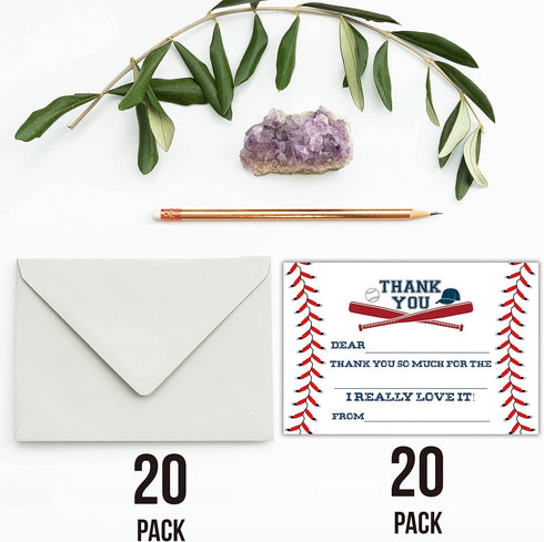 TENTADO 20 Count 4X6 inch. Baseball Thank You Cards, Baseball Thank You Cards with Envelopes, Kids Fill in the Blank