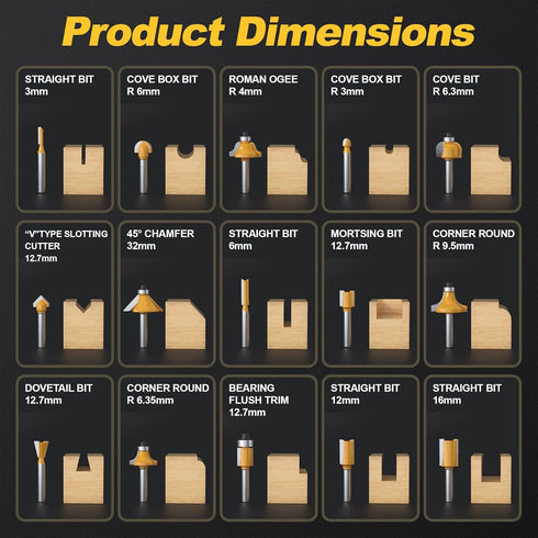 15PCS Set 1/4 Inch Router Bits Shank - Tungsten Carbide Woodwork Tools with Wood Case for Beginners, Doors, Cabinets