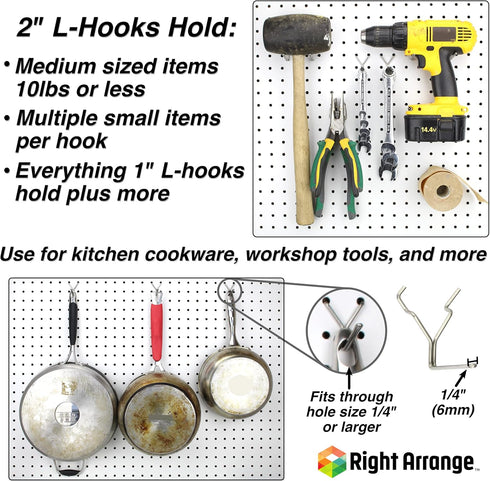 Pegboard Hooks 50-Pack 1" + 2” L Hook - Zinc Plated, Fits Any Peg Board, Organize Tools, Accessories, Workbench, Garage
