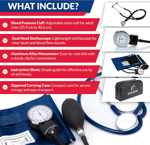 Set Dixie EMS Aneroid Sphygmomanometer and Dual Head Stethoscope with Adult Size Blood Pressure Cuff, Calibration Key
