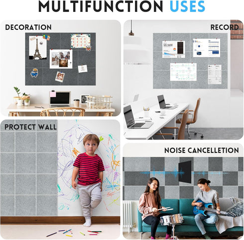 Large 48"x36" Cork Bulletin Board Alternative - 12 Pack Felt Tiles with 80 Pushpins for Office