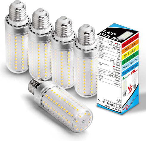 Big E26 E27 LED Corn Light Bulb, 150W Equivalent, 2000lm, 4000K Natural White, 15W Non-dimmable, 5 Pack