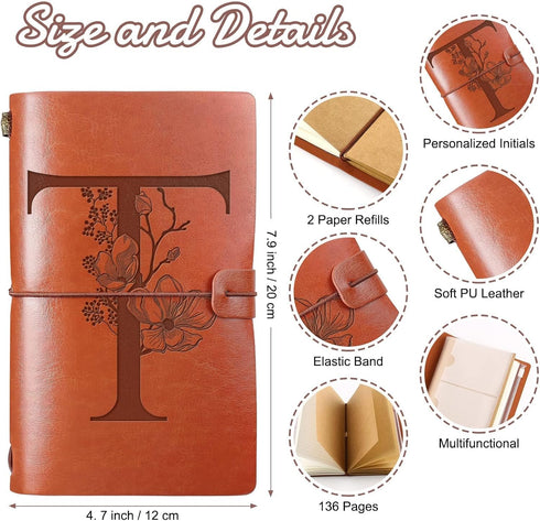 Initial Leather Travel Journal Monogrammed Notebook Appreciation Gifts Refillable Personalized Diary Writing Notepad for Women Graduation Birthday Christmas (T) by Booson