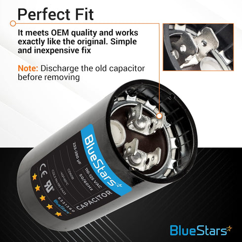 233-280 uf mfd Round Motor Start Capacitor 110-125VAC ±20% Volts, 50/60 Hz Electric Replacement by Blue Stars