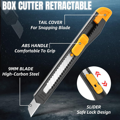 4 Pack Retractable Box Cutter, Utility Knife with 9MM Wide Snap-Off Blades for Cutting Box, Cardboard