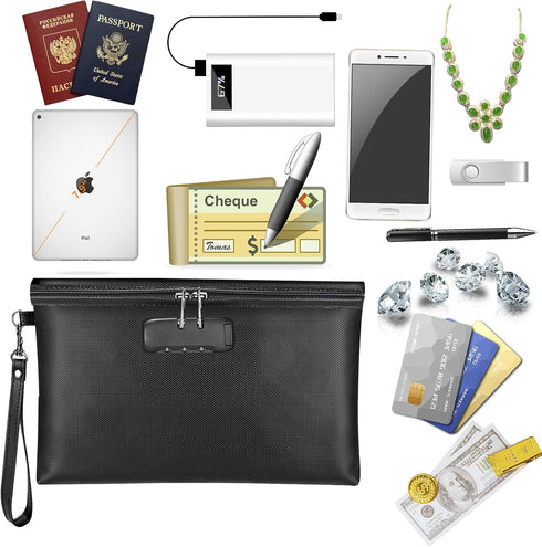 ZOOPIP Fireproof Money Bag with Lock, 11.2"x7.6" Fireproof Cash Bag with Zipper Closure for A5 Size Document (Black)