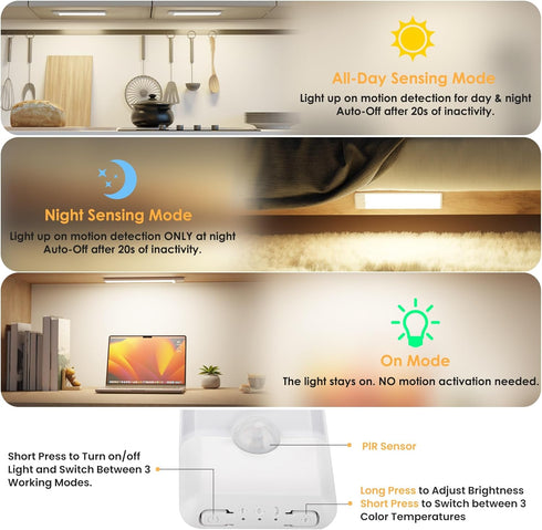5-Pack 3 Dimmable Closet 7.9 inch Counter Motion Sensor Under Cabinet Light, Color Temperature Rechargeable Magnetic