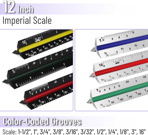 Mr. Pen- Architectural Scale Ruler, 12 Inch, 2 pcs, Black & White for Blueprints and Drafting