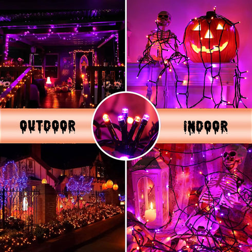 Orange and Purple Halloween Lights, 82ft 200 LED String Lights with 8 Modes, Waterproof Plug in for Halloween Party