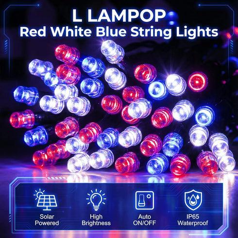 46FT 120LED 8 4th Solar Red White Blue String Lights Patriotic Light with Modes Waterproof Solar Powered Outdoor Lights