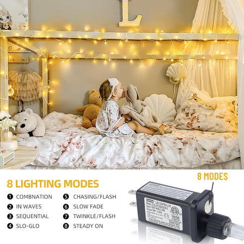 Wotilzeen 200LED 60FT 8 Warm White LED Christmas Tree String Lights Outdoor Waterproof Twinkle Lights for Bedroom