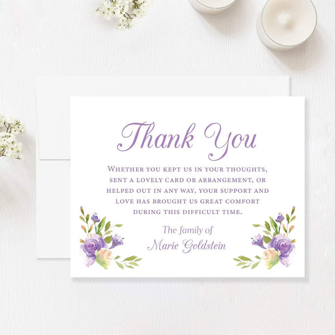 5.5x4.25 Purple Flowers Sympathy Thank You Cards, Funeral Thank You Cards, Bereavement Notes with Envelopes, Flat