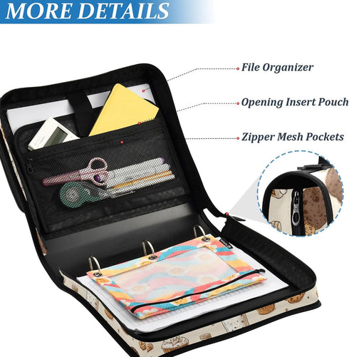 Fisyme 3 Milk and Cookies Cute Zipper Binder Ring with Zipper and Shoulder Strap Large Capacity Multi-Pocket Binder