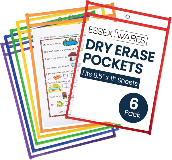 Essex Wares - 6 Pack, Assorted, Dry Erase Pocket Document Protectors, 10"
