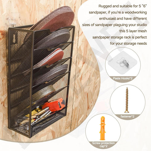 Hanging 5-Tier Mesh Sandpaper Organizer, Metal Storage Rack for 5 Inch and 6 Inch Sandpapers (Excludes Sandpaper)