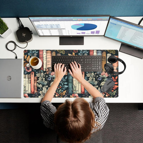 DKPXFG 31.5" 15.7" Floral Books Desk Mat Reading Desk Pad Mouse Mat XXL, Colorful Mouse Keyboard Pad Flower Bookshelf