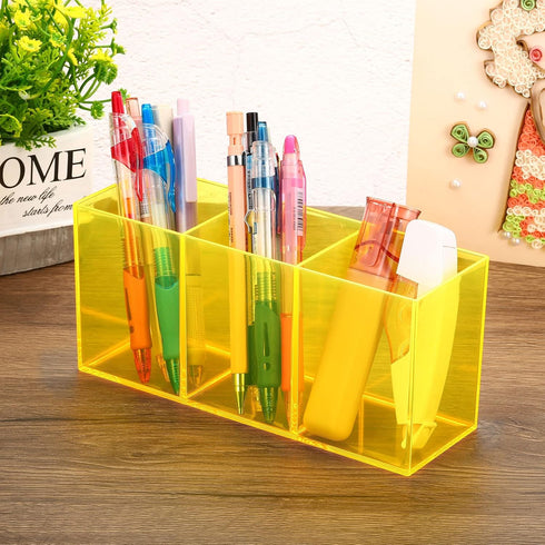 PATIKIL 3 Compartments Clear Acrylic Pen Holder, 2 Pack Pencil Organizer for Countertop Desk, Yellow