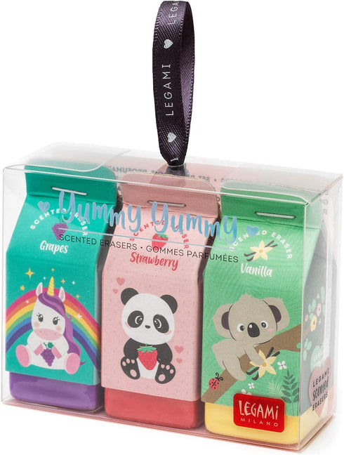Legami Yummy Yummy Set of 3 Scented Erasers, Grape, Strawberry, Vanilla, 2.7x6 cm for Precise Erasing