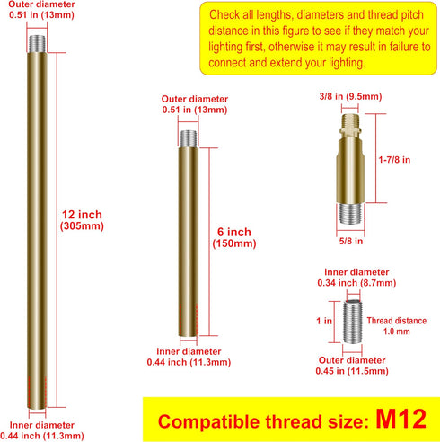 MAYOMAJO M12 Threaded Extension Poles Lighting Fixture Downrods Stems for Pendant Light, Island Lighting, Chandeliers