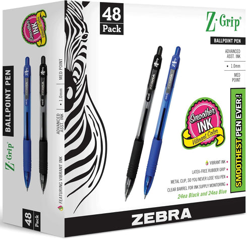 Zebra Pen Bulk Pack of 48 Ink Pens, Z-grip Retractable Ballpoint Pens Combo Pack
