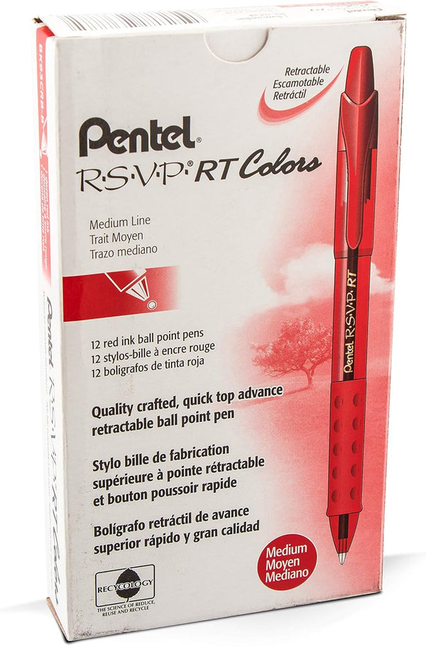 RSVP RT COLORS Retractable Ball Point Pen, Medium Line, Red Barrel, Red Ink, Box of 12 (BK93CRB-B)