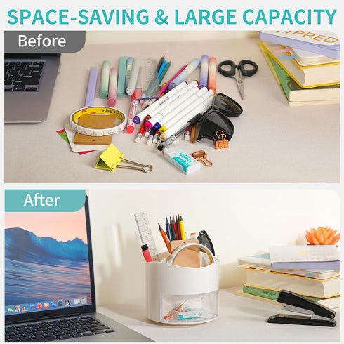 Desk Pen Pencil Holder with Drawer, 4 Slots 360-Degree Rotating Organizer, White Storage Caddy for Office School Home