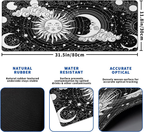 Magic Astrology Extended Big Mouse Pad, 31.5x11.8 Inch Gaming Desk Pad, Black Mousepad with Non-Slip Base