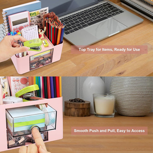 Pink Plastic Pen Organizer, Multifunctional Desktop Organizer with 2 Drawers and 4 Compartments
