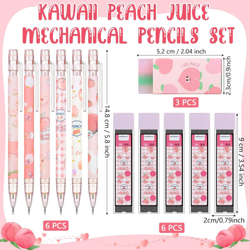 Sabary Kawaii Mechanical Pencil Set Include Peach Mechanical Pencils with Tubes 0.5 mm Pencil Refills and Cute Peach Erasers First Day of School Supplies Back to School Gift for Kids Student(15 Pcs) by Sabary
