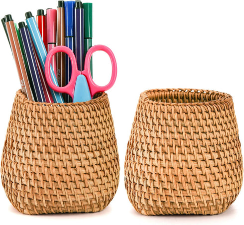 Hacaroa Set of 2 Handmade Rattan Pencil Holders for Desk, Wicker Pen Cup and Makeup Brush Organizer