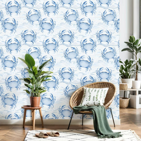 Kanworse 24"x118" Peel and Stick Wallpaper Blue Crab Watercolor Soft Waves Delicate Details Contact Paper Removable