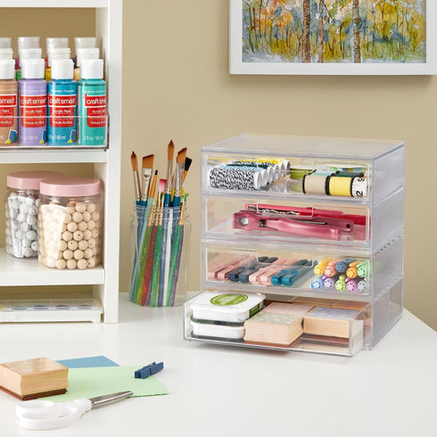 STORi Chloe Space-Saving Clear Drawer Organizer with 4 Wide Drawers for Office, Kitchen, Beauty Supplies, Made in USA