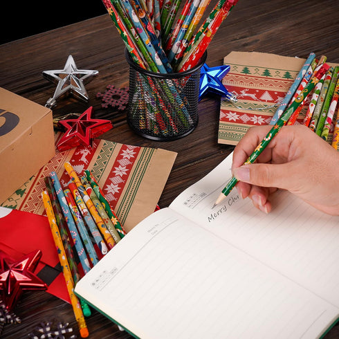 Kolewo4ever Christmas Pencils 100 Pieces, Xmas Wood Pencils with Eraser Tops, Snowman, Santa, Elk, 12 Styles