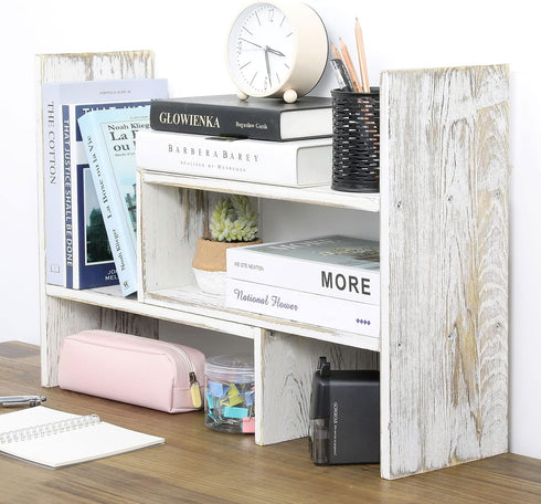 MyGift Adjustable Whitewashed Solid Wood Desktop Storage Organizer, Display Shelf Book Rack for Office Desk