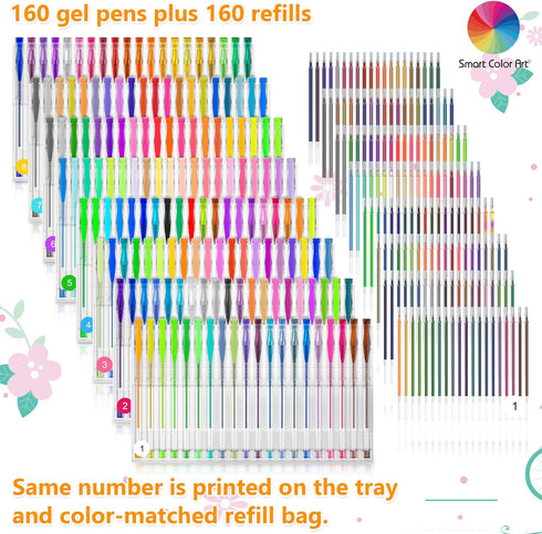 Smart Color Art 320 Pack Set, 160 160 Gel Pens Colors Gel Pen with Refills for Adult Coloring Books Drawing Painting