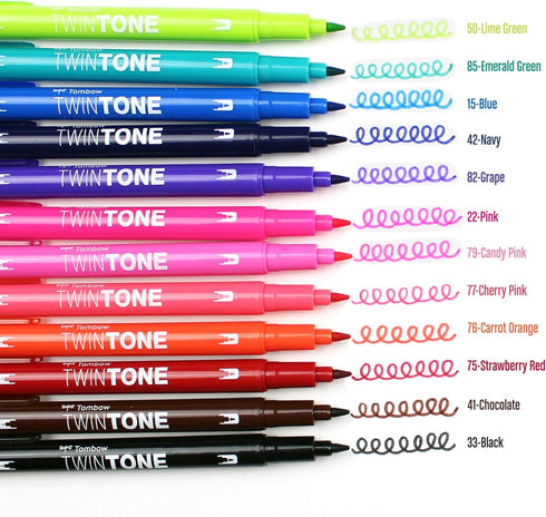 Tombow 61500 Twintone Marker Set, 12-Pack Bright Double-Sided Markers for Bold and Precise Writing