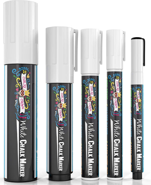 CHALKY CROWN 5pc White Chalk Markers, Non-Toxic Liquid Chalkboard Markers for Windows