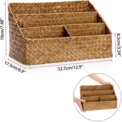 BTSKY Woven Storage Basket, Natural Seagrass Vertical Wicker Storage Baskets with 4 Compartments for Home Office