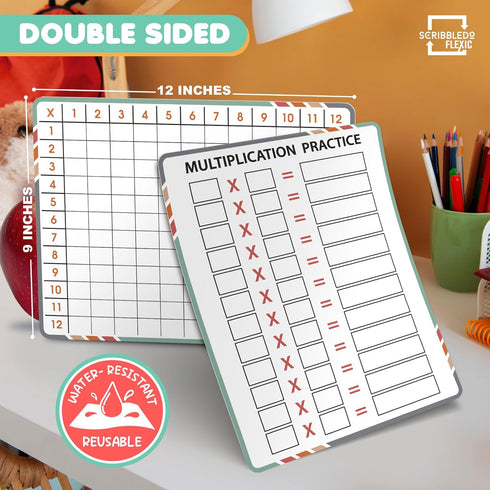 SCRIBBLEDO 9”x12” Small White Board, Dry Erase Sheets, Math Manipulatives, 3rd Grade Multiplication Times Table Chart,