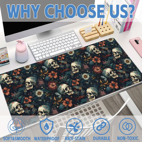 Desk Mat, Skulls with Flowers Large Gaming Mouse Pad XXL, Skull Floral Extended Computer Keyboard Mouse Pad